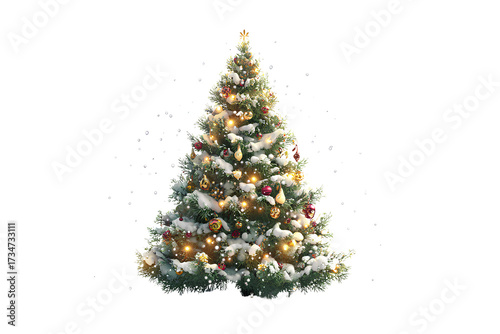 Festive Christmas tree with glowing lights and falling snow elements, isolated on transparent background.