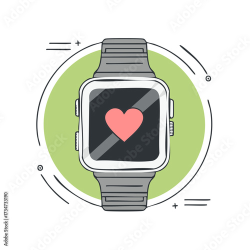 Hand-Drawn Smartwatch Displays Heart Rate on Its Screen, surrounded by an Abstract Green Circle, Showing Monitoring of Health