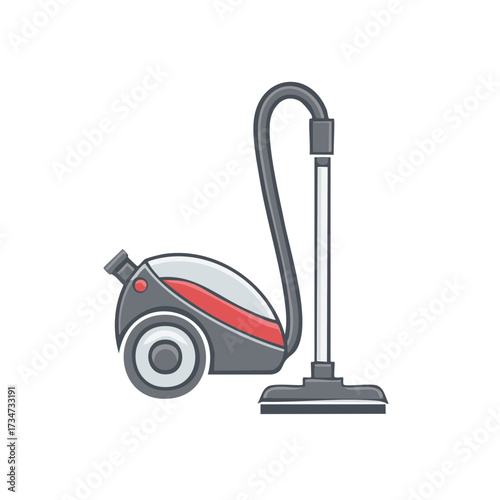 Modern grey and red upright vacuum cleaner with curved hose and cleaning head ready for use