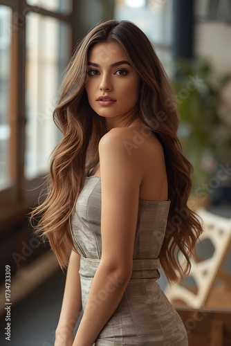 Young woman with long wavy brown hair posing indoors Free Download Young woman with long wavy brown hair posing indoors - GFXLoad