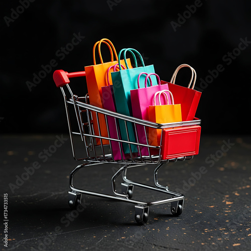 Miniature shopping cart overflowing with colorful paper shopping bags displaying consumerism and retail excitement