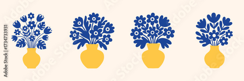 Matisse's curves aesthetic. Two-dimensional illustration features a plant vase on a white background, colored a solid, bright yellow.