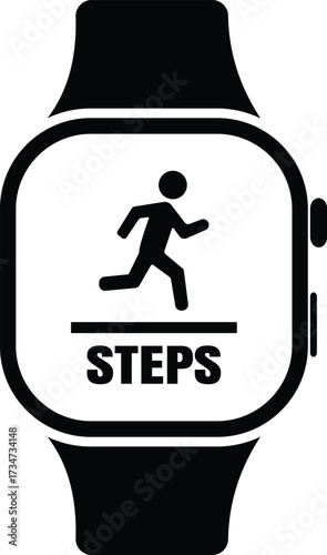 Smartwatch displaying running person icon and steps counter silhouette