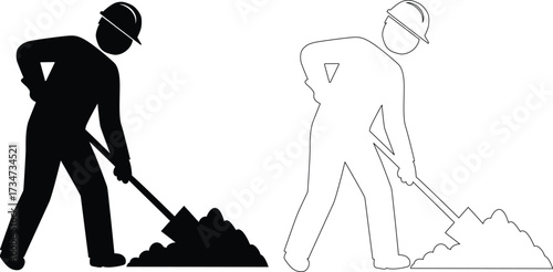 Worker digging with shovel in silhouette and outline style silhouette