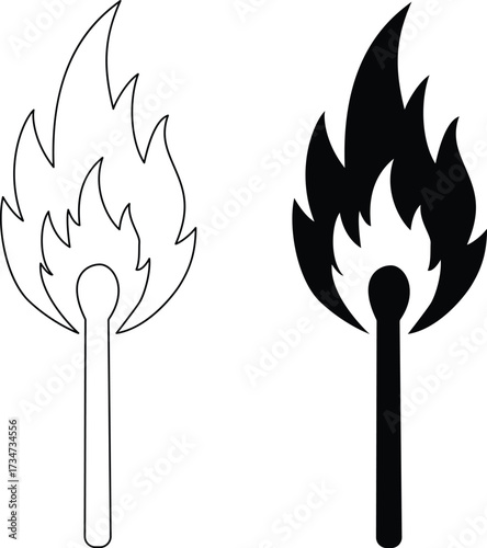 Two matches with burning flames one outline and one black silhouette