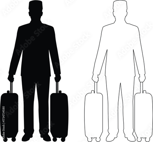 Two figures in silhouette style one black and one outline carrying luggage
