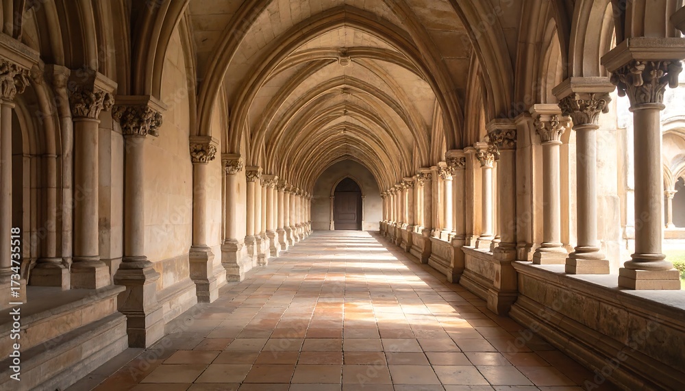 Fototapeta premium Architectural symmetry in a stone corridor with columns and arches