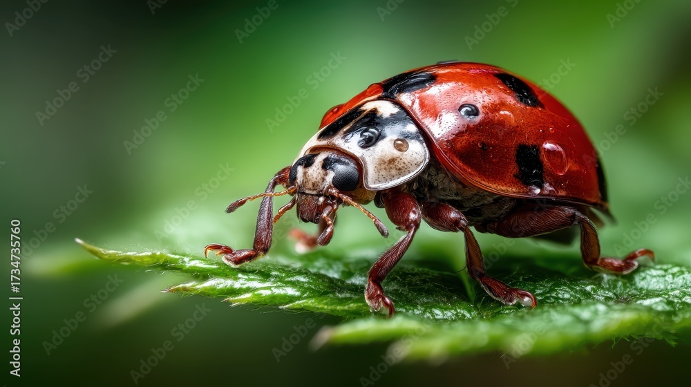 Naklejka premium A detailed close-up of a vibrant red ladybug perched on a green leaf, showcasing its delicate features and the intricate beauty of nature in a vivid manner.