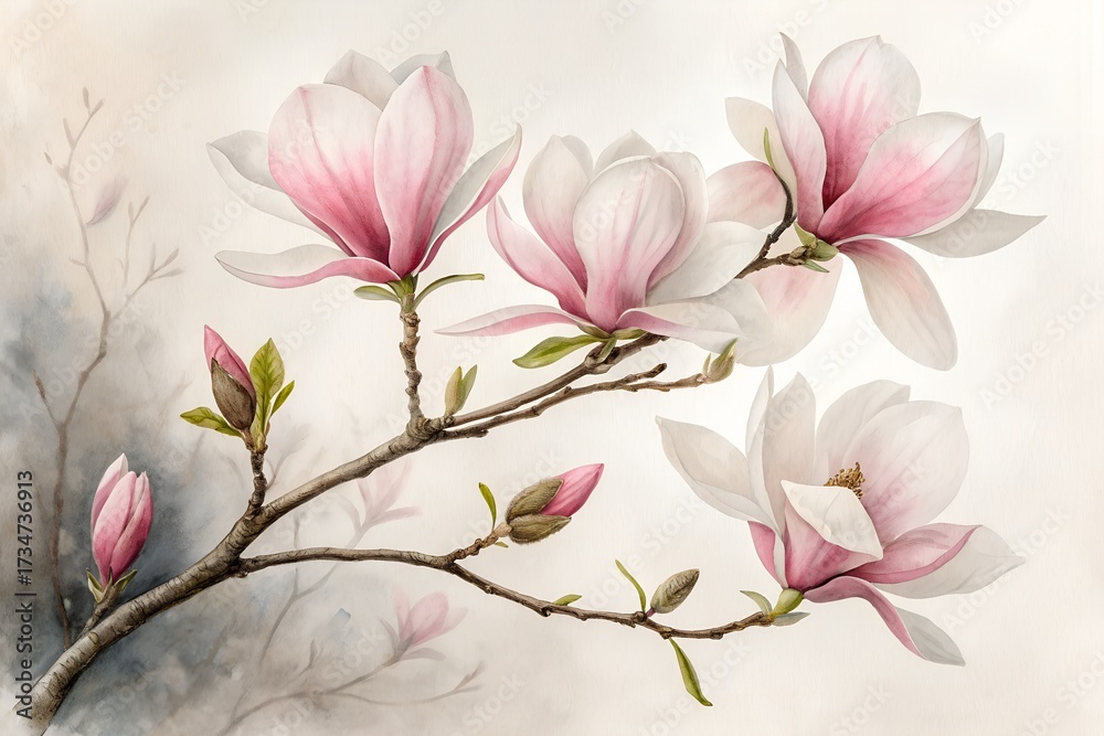 Fototapeta premium Watercolor painting of pink and white magnolia flowers on a branch image photo