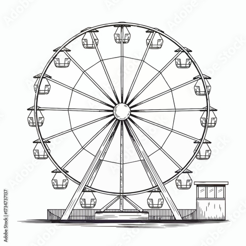 Ferris Wheel Black and White Sketch Illustration Iconic Amusement Park Attraction Detailed Design with Gondolas Observation Wheel for Fun and Entertainment