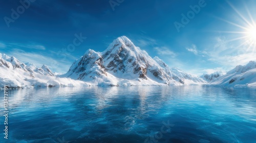 A breathtaking view of a snow-capped mountain range reflected in serene blue water, encapsulating the grandeur and tranquility of nature's untouched beauty.