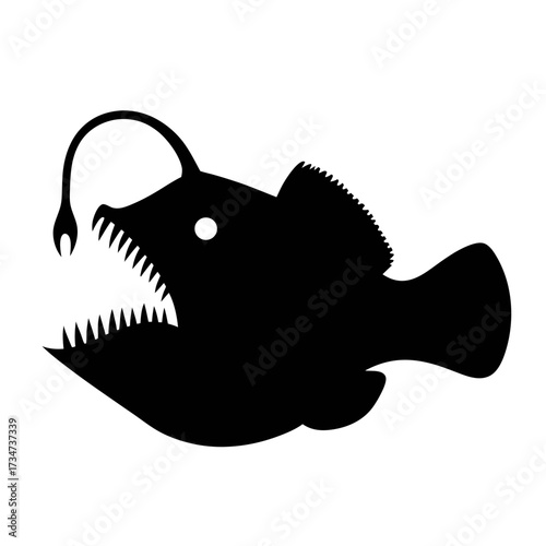 Vector art of anglerfish with bioluminescent lure, a deepsea predator with sharp teeth, a symbol of the oceans mysteries