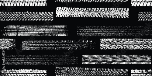 Tire track seamless pattern. Grange tread marks .Grunge textured vector car tread . Car trails endless pattern texture. Tyre track seamless texture. Wheel tire tread track background
