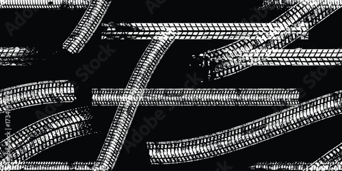 Tire track seamless pattern. Grange tread marks .Grunge textured vector car tread . Car trails endless pattern texture. Tyre track seamless texture. Wheel tire tread track background
