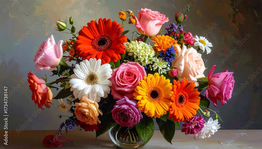 Obraz premium Vibrant bouquet of colorful flowers in a glass vase, showcasing a delightful array of roses, daisies, and gerbera daisies, bathed in warm lighting against a textured backdrop.