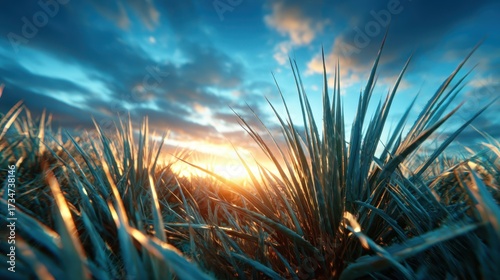 Golden sunlight bathes the tall grass in a serene field, casting a tranquil atmosphere as the day transitions to night, creating a peaceful natural setting.