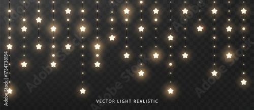 Holiday star shiny lights garland. Realistic glowing bulbs vertical decor isolated on dark