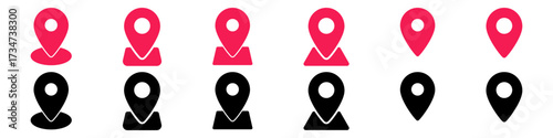 Set of location icon, map pin icons in outline, black, and red styles. for maps, GPS, navigation apps, location markers, address indications, and geolocation interfaces
