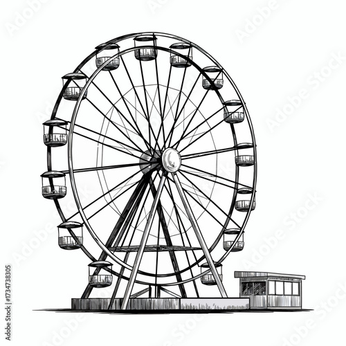 Monochrome Ferris Wheel Illustration a Classic Fairground Attraction with a Vintage Feel and Nostalgic Appeal Black and White Sketch