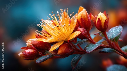 An exquisite image of a vibrant flower amidst dew-covered buds, radiating freshness and allure, capturing the essence of blooming beauty in nature’s garden.