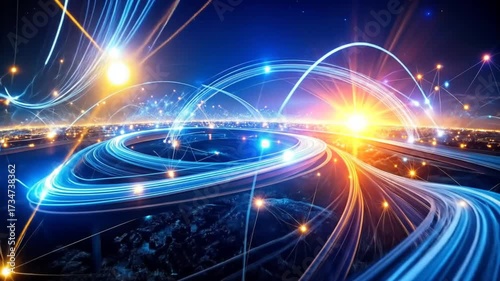 Futuristic cityscapes and connected networks with light trails showcase fast communication and