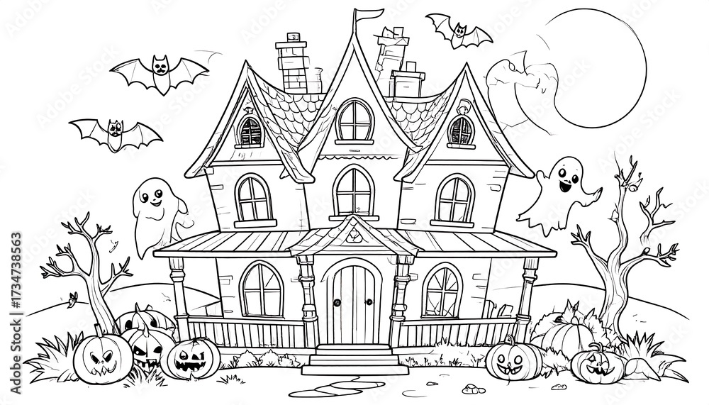 Obraz premium A spooky, black and white illustration of a haunted house with ghosts and bats, perfect for Halloween coloring pages.
