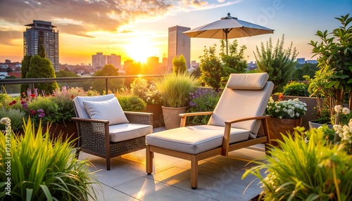 Relaxing Rooftop Lounge at Sunset with City Skyline View