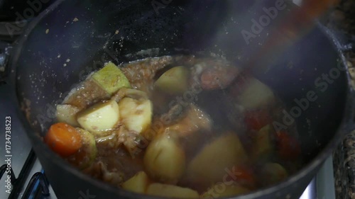 POV: mixing a beef, potato, and carrot stew. Iron pot. Close-up shot. Preparing lunch.