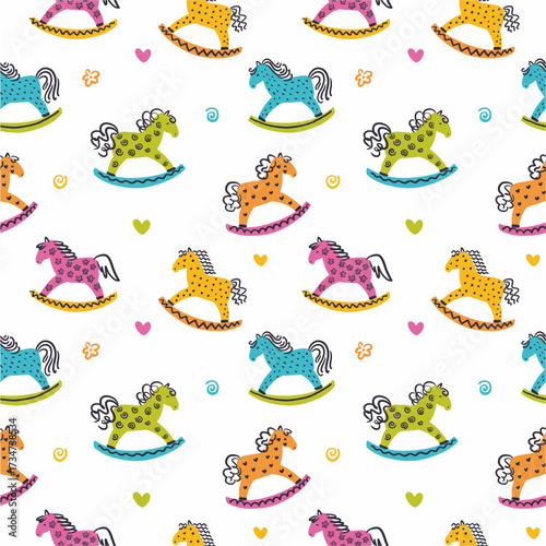 Vector pattern of different horses, children's rocking toys, hand drawn in doodle style
