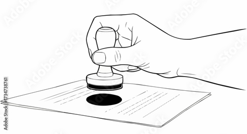 Hand pressing stamp onto paper for official approval, contract confirmation, or document verification in a modern business context graphic