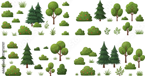 Pixel art collection of trees and bushes for game development on a black background