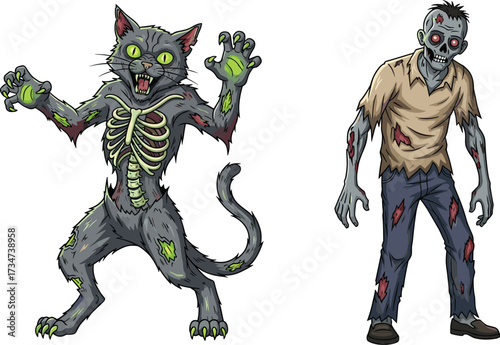 Zombie cat, undead human, creepy monster, horror fantasy, scary artwork, spooky illustration, Halloween theme, eerie creature, nightmare design, dark cartoon
