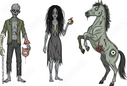 Zombie man, undead woman, skeletal horse, creepy monster, horror fantasy, scary artwork, spooky illustration, Halloween theme, eerie creature, nightmare design