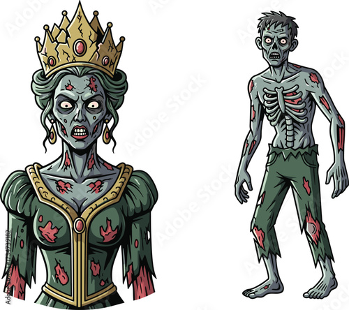 Zombie queen, undead king, creepy monsters, horror fantasy, scary artwork, spooky illustration, Halloween theme, eerie creatures, nightmare design, dark cartoon