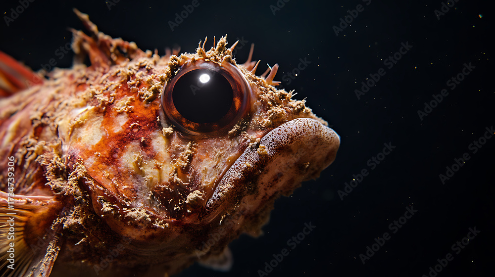 Obraz premium A detailed close-up of a scorpionfish reveals its unique camouflage and textures, showcasing nature's artistry in the underwater world.