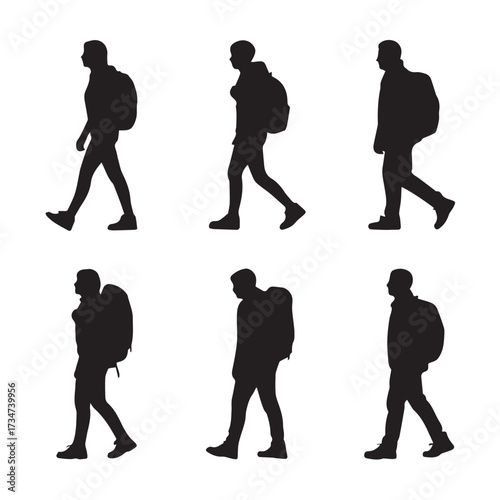 Set of Eight Hiking and Trekking Traveler Silhouettes