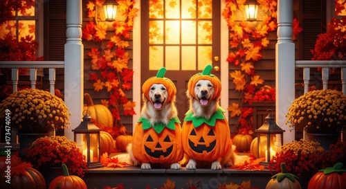 Two playful dogs in pumpkin costumes on a festive Halloween porch.