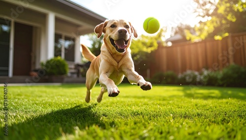 Dog Playing Fetch in Backyard with Green Tennis Ball