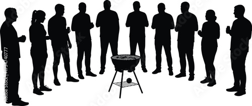 Group of people silhouettes standing around barbecue grill, friends gathering, outdoor party, social event, cooking, celebration, and summer picnic illustration