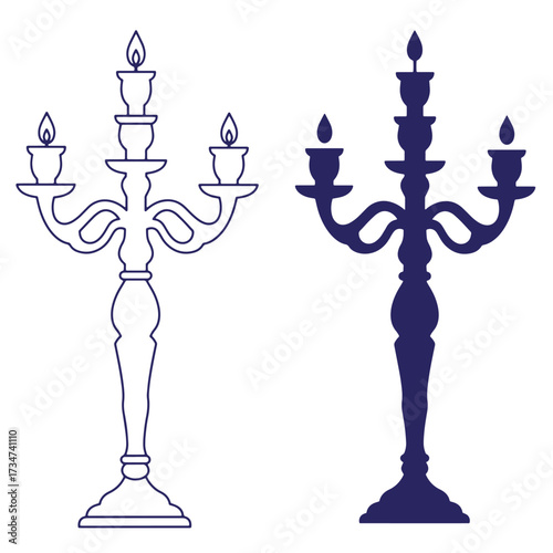 Elegant candelabra silhouettes vector illustration in outline and solid dark blue styles