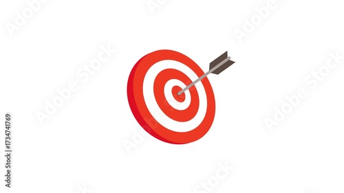 Arrow hitting bullseye on dartboard animation from perspective view with dynamic motion on white background and green screen. 4k animated for success achievement, business goal, and motion graphic.