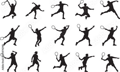 15 Bundle set of Tennis backhand silhouette vector on white background
