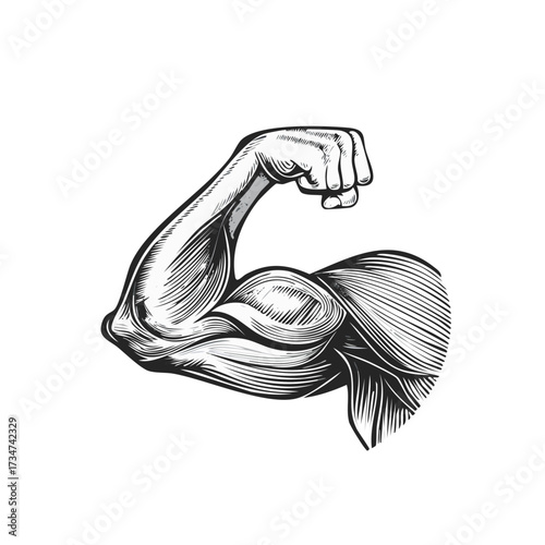 Detailed Biceps Arm Muscle Flexing with Fist in Engraving Style Illustration