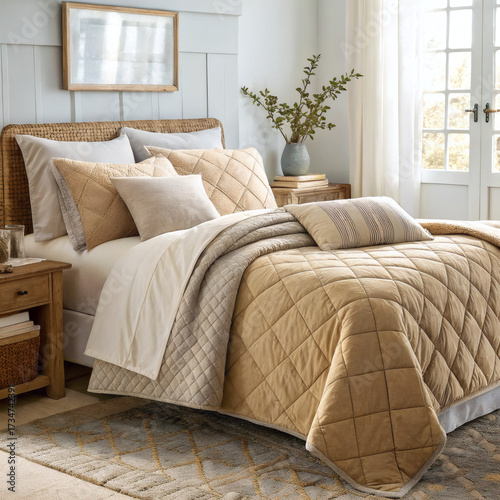 Cozy rustic bedroom with quilted bedding and natural light