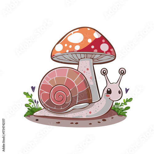 Cute Cartoon Snail Character Next to Red Mushroom on Soil with Greenery and Hearts Illustration
