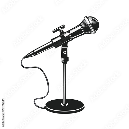 Retro Style Microphone on Stand, Graphic Illustration, Sound Recording Equipment