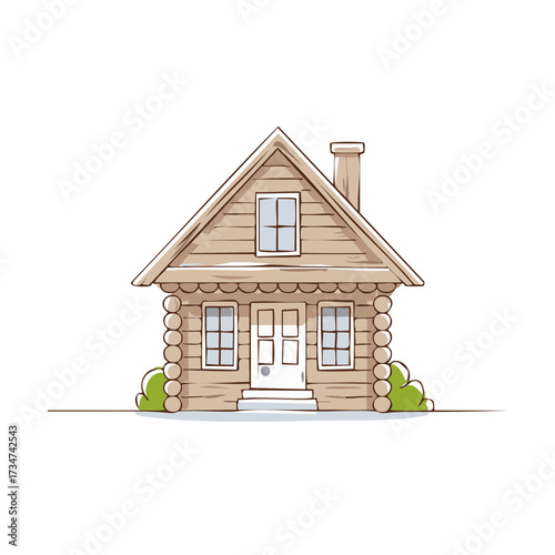 Cozy Cartoon Log Cabin Illustration with Window, Chimney, and Green Bushes, Home Exterior