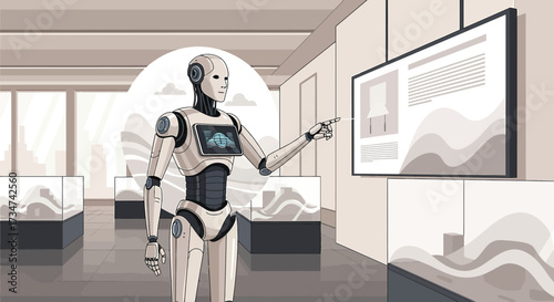 A futuristic art gallery showcasing modern art with a robot providing information