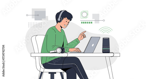 A young man interacts with a smart speaker while working on his laptop in a modern digital workspace