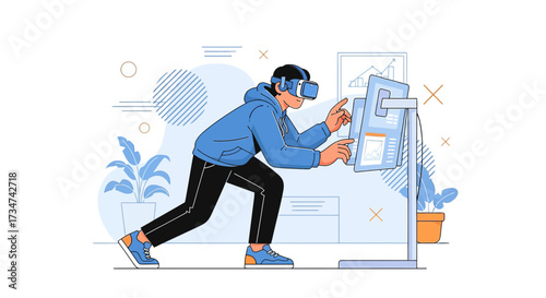 A young man interacting with a VR interface, exploring a virtual workspace with augmented reality